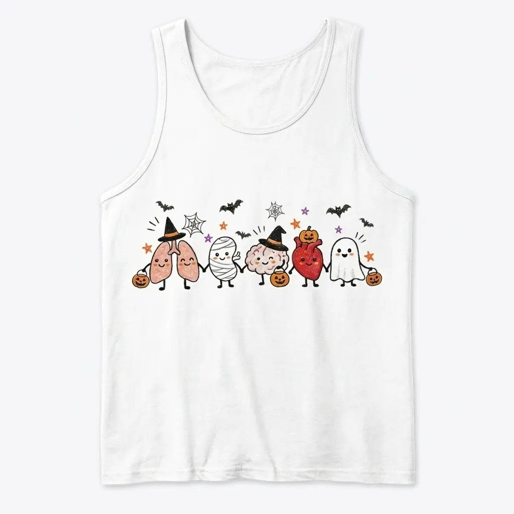 Cute Spooky Anatomy Organs Trick Or Treat Medical T-Shirt 3 Sleeveless casual tank top with white tee front print showing cute cartoon lungs, mummy stomach, witch brain, pumpkin heart, and ghost holding Halloween