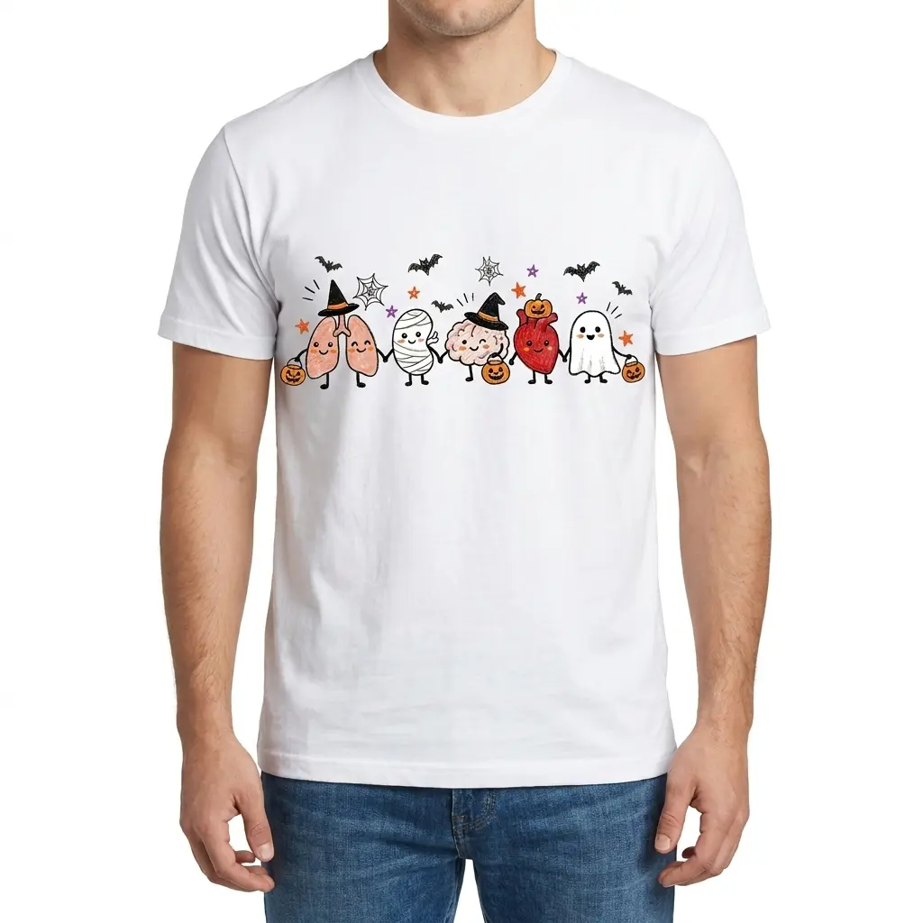 Cute Spooky Anatomy Organs Trick Or Treat Medical T-Shirt 4 Man wearing white graphic tee with white tee front print showing cute cartoon lungs, mummy stomach, witch brain, pumpkin heart, and ghost holding