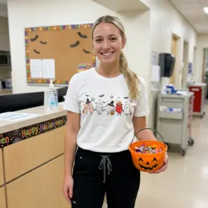 Cute Spooky Anatomy Organs Trick Or Treat Medical T-Shirt 10 Smiling healthcare worker wearing a white spooky anatomy organs Halloween t-shirt and holding a candy bucket in a clinic hallway.