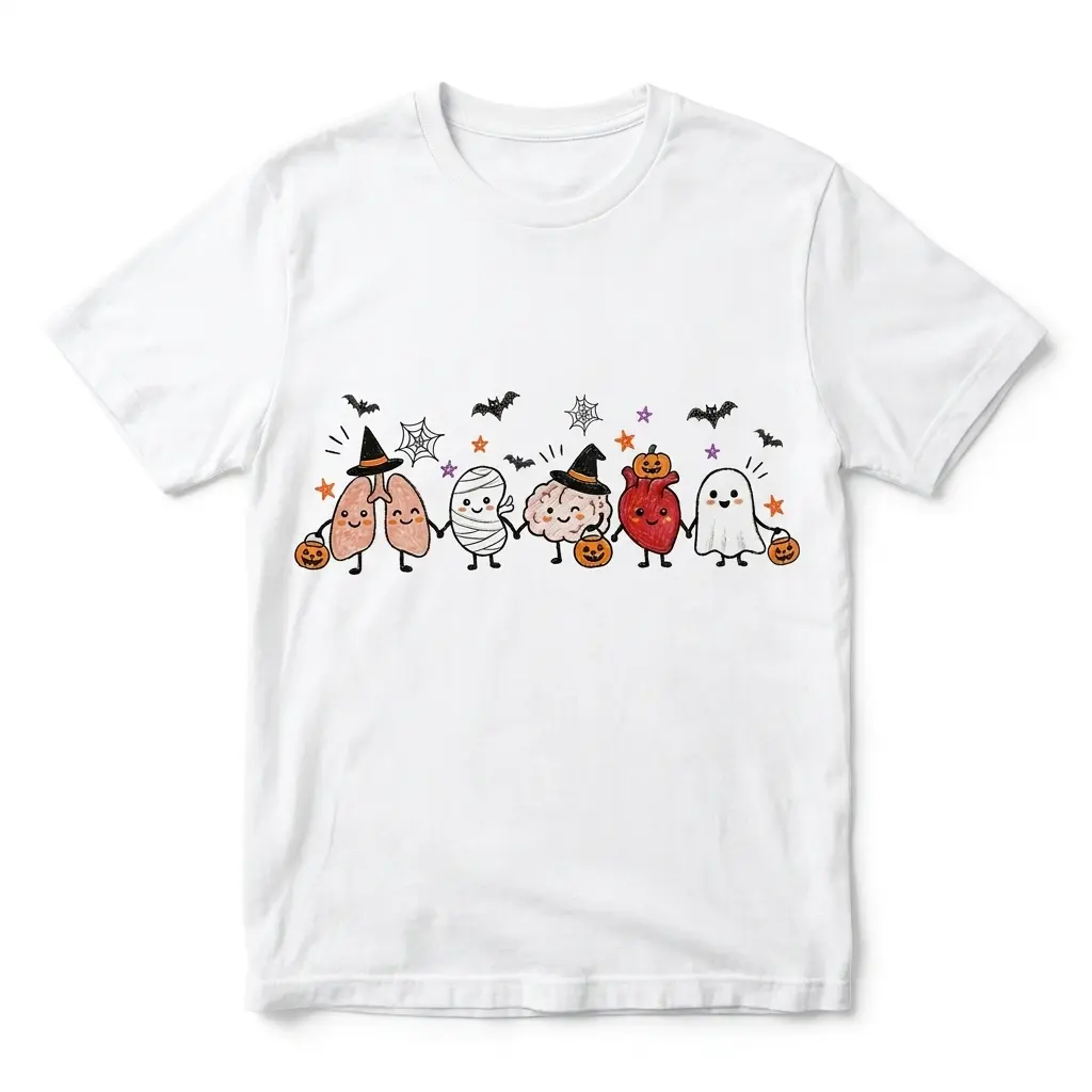Cute Spooky Anatomy Organs Trick Or Treat Medical T-Shirt 1 Flatlay white t-shirt featuring white tee front print showing cute cartoon lungs, mummy stomach, witch brain, pumpkin heart, and ghost holding Halloween