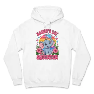 Daddys Lil Squirter Cute Elephant Funny Graphic T-Shirt 7 Front view flat lay of a hoodie printed with a cute baby elephant spraying water and Daddy's Lil Squirter design.