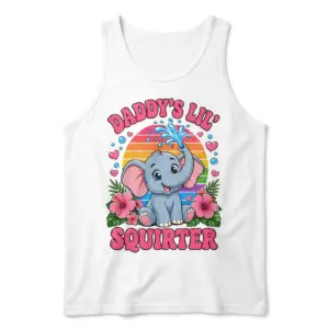 Daddys Lil Squirter Cute Elephant Funny Graphic T-Shirt 8 Front flat lay of a sleeveless tank top featuring the colorful Daddy's Lil Squirter cartoon elephant graphic.