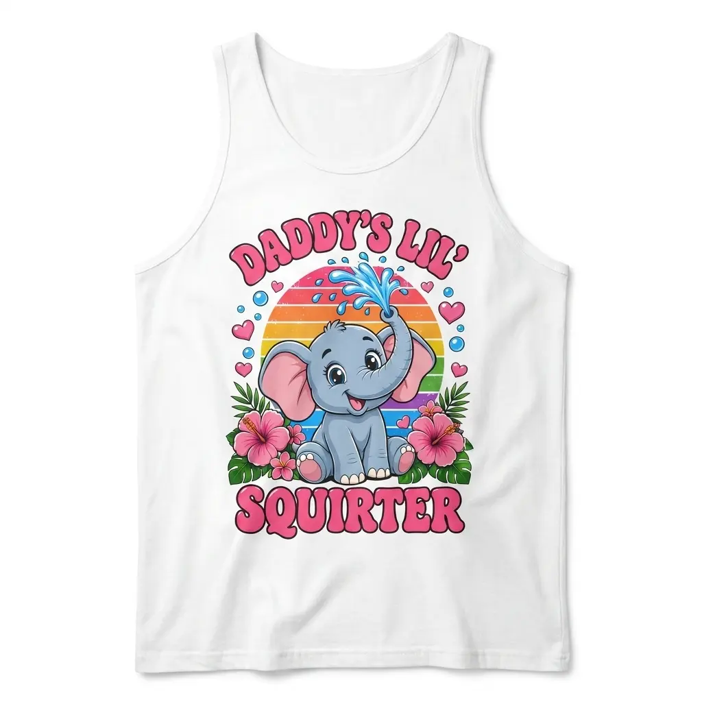 Front flat lay of a sleeveless tank top featuring the colorful Daddy's Lil Squirter cartoon elephant graphic.