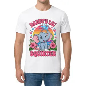 Daddys Lil Squirter Cute Elephant Funny Graphic T-Shirt 9 Front view of a man wearing the white Daddy's Lil Squirter cute elephant graphic t-shirt.