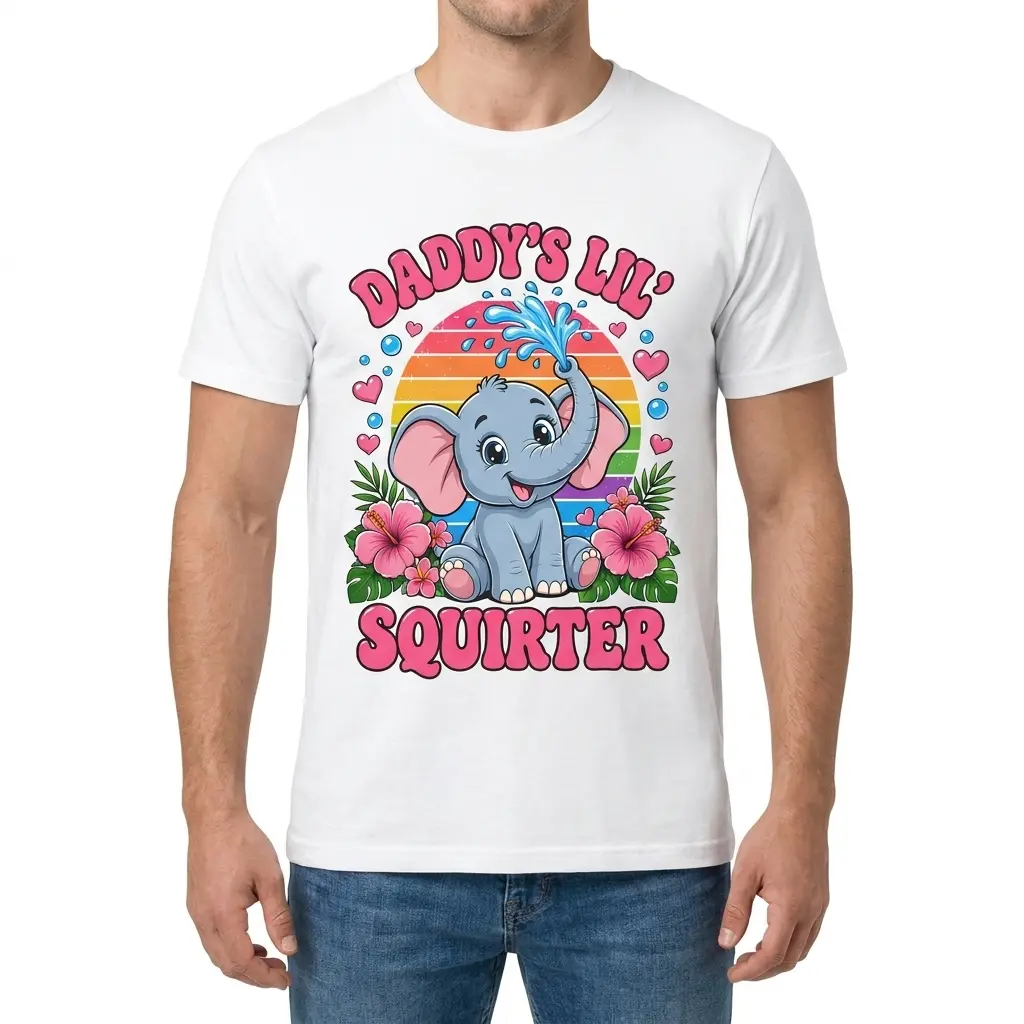 Front view of a man wearing the white Daddy's Lil Squirter cute elephant graphic t-shirt.