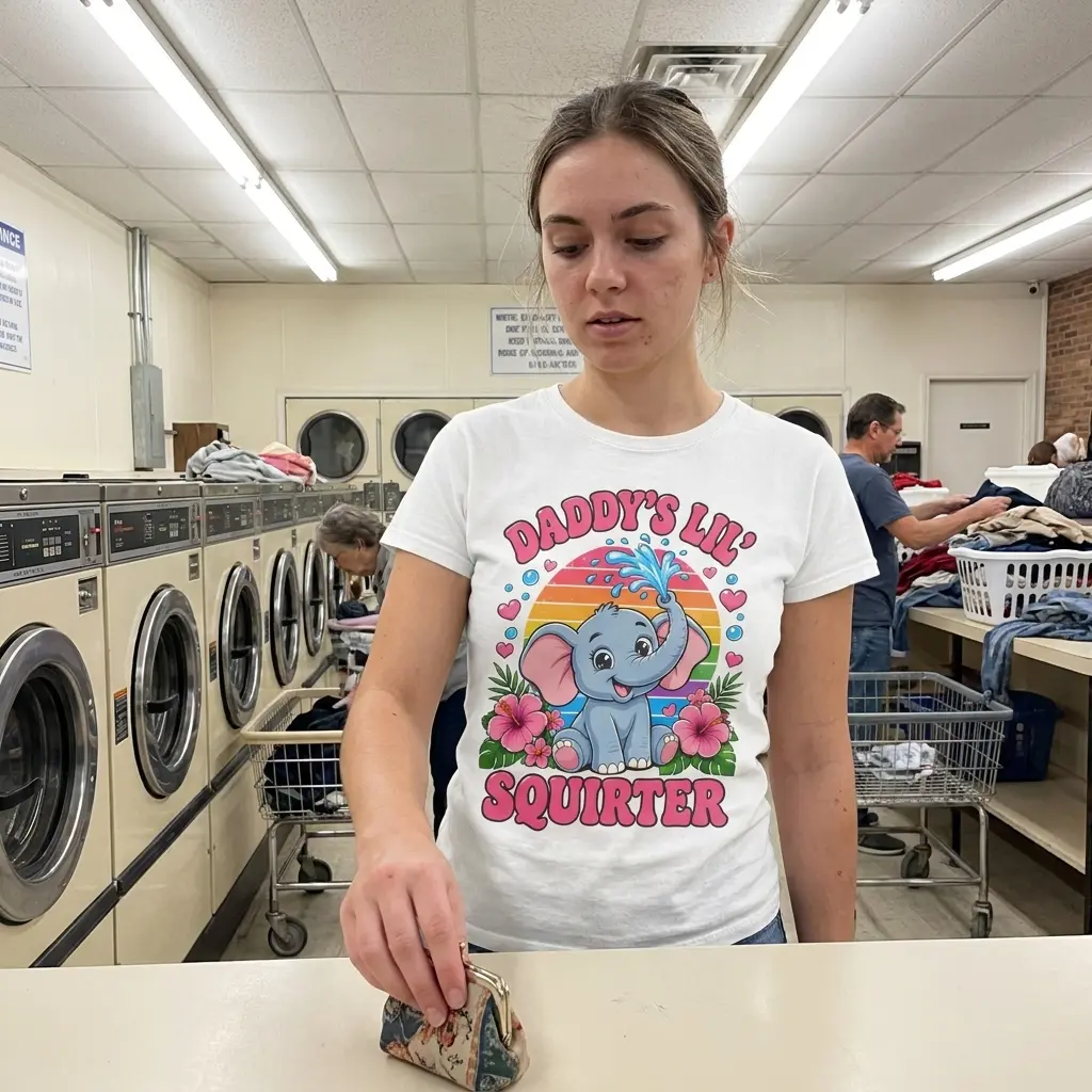 Lifestyle view of the cute Daddy's Lil Squirter elephant graphic shirt worn in a casual setting.