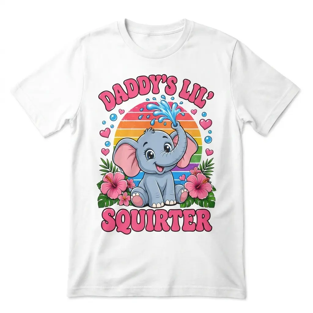 Flat lay of a white t-shirt featuring a cute cartoon elephant spraying water with Daddy's Lil Squirter graphic text.