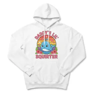 Daddy's Lil Squirter Cute Whale Retro Sunset T-Shirt 7 Front flatlay of a hoodie featuring the Daddy's Lil Squirter graphic with a smiling whale, retro sunset circle, and floral accents.
