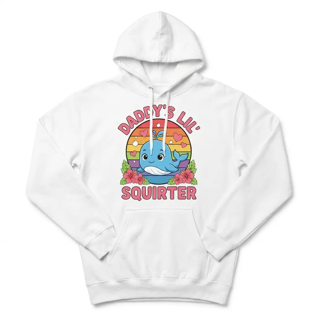 Daddy's Lil Squirter Cute Whale Retro Sunset T-Shirt 2 Front flatlay of a hoodie featuring the Daddy's Lil Squirter graphic with a smiling whale, retro sunset circle, and floral accents.