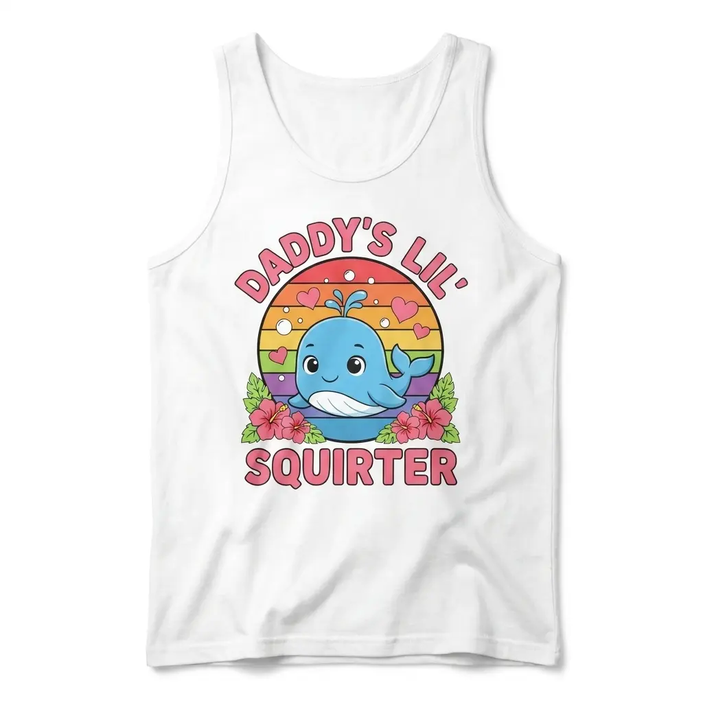 Daddy's Lil Squirter Cute Whale Retro Sunset T-Shirt 3 Front flatlay of a sleeveless tank top printed with the Daddy's Lil Squirter cute whale and retro sunset artwork.
