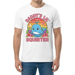 Daddy's Lil Squirter Cute Whale Retro Sunset T-Shirt 9 Front view of a man wearing the Daddy's Lil Squirter t-shirt with the retro sunset and cartoon whale design.
