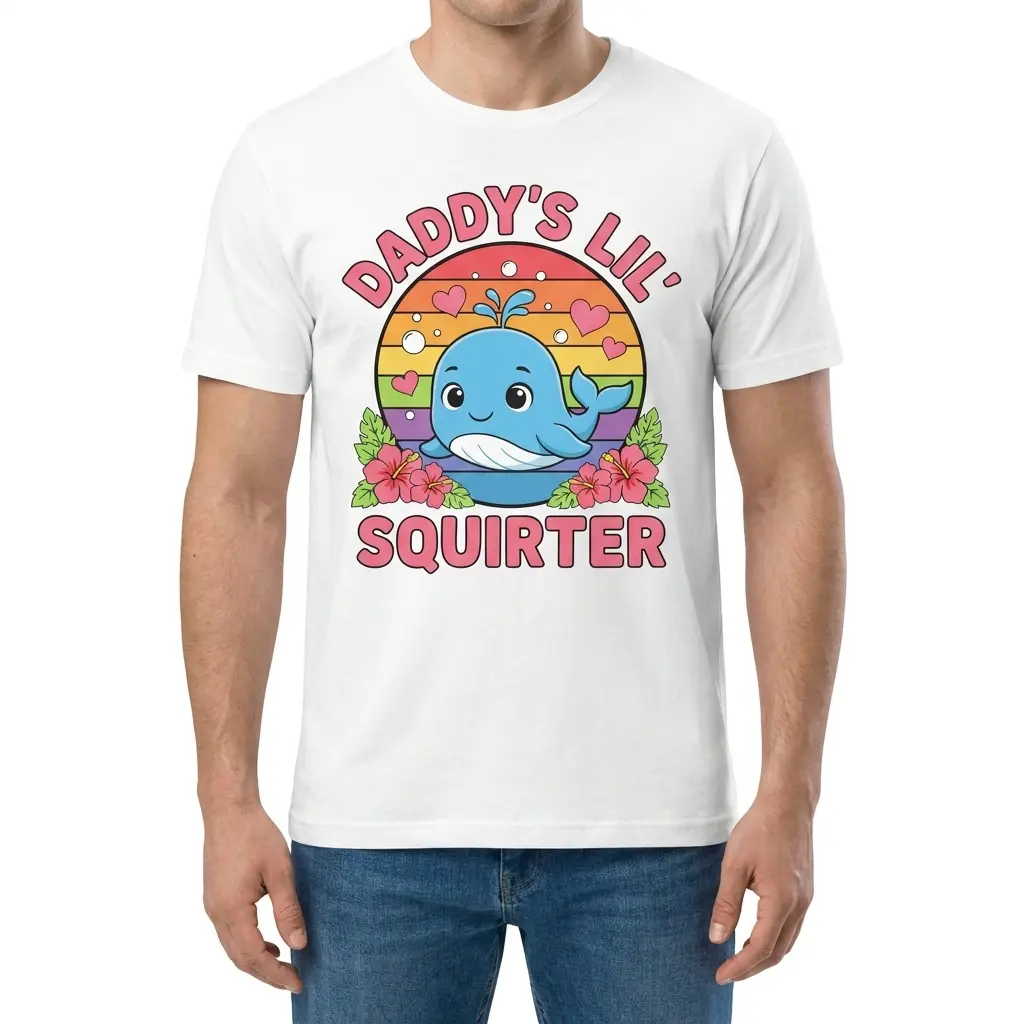 Daddy's Lil Squirter Cute Whale Retro Sunset T-Shirt 4 Front view of a man wearing the Daddy's Lil Squirter t-shirt with the retro sunset and cartoon whale design.