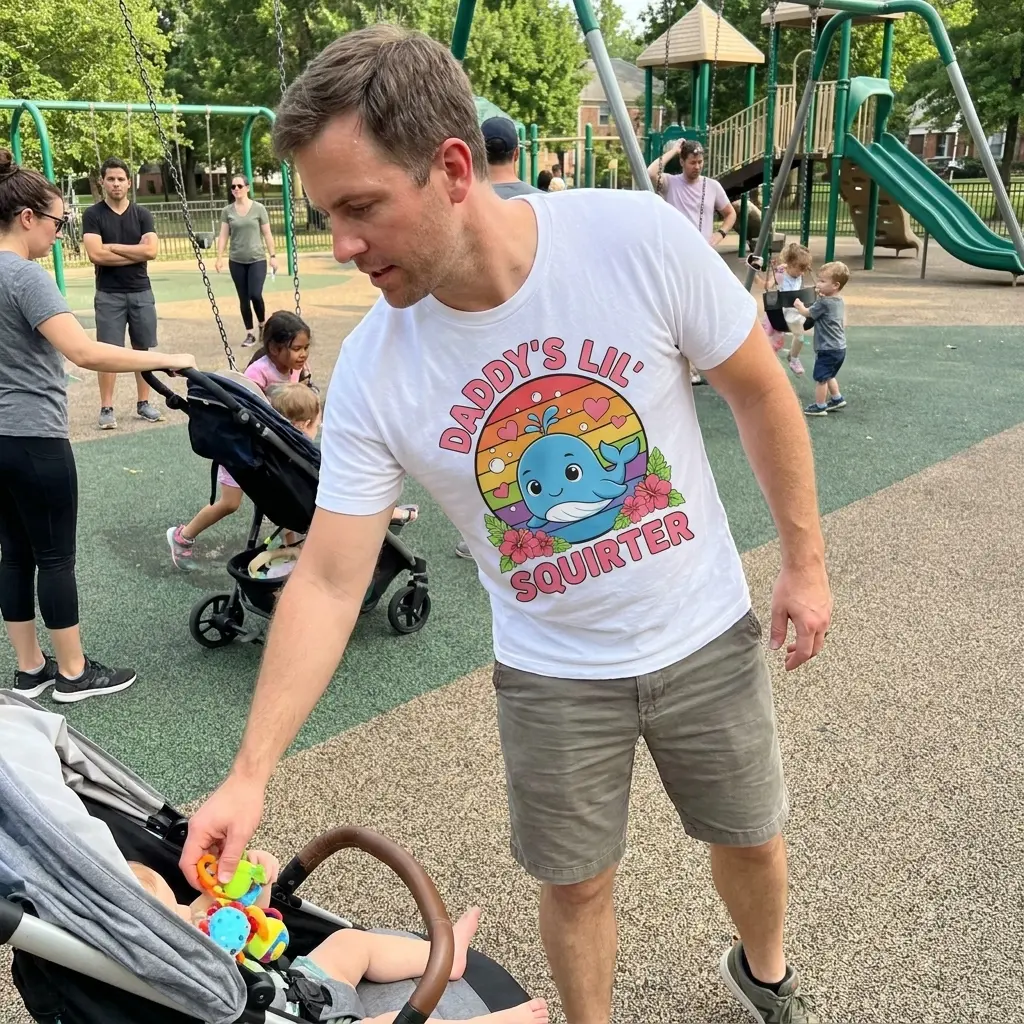 Daddy's Lil Squirter Cute Whale Retro Sunset T-Shirt 5 Daddy's Lil Squirter graphic shirt styled in an everyday lifestyle setting.