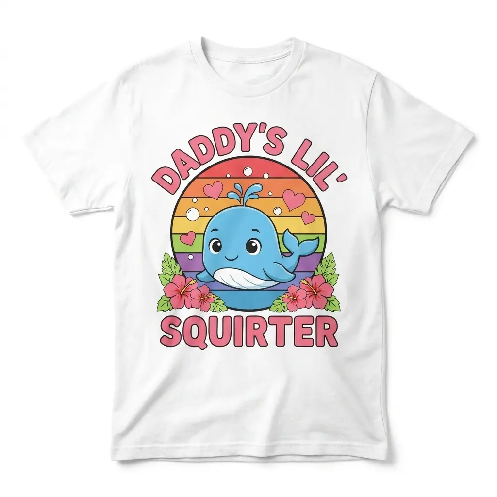 Daddy's Lil Squirter Cute Whale Retro Sunset T-Shirt 1 Daddy's Lil Squirter shirt flatlay featuring a cute cartoon blue whale, retro sunset, flowers, and pink typography on a white t-shirt.
