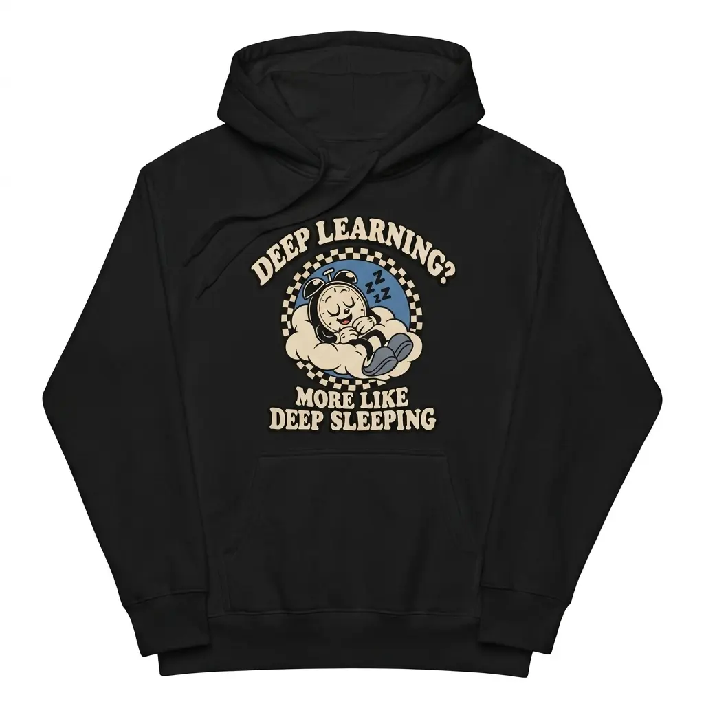 Cozy pullover hoodie displaying black tee front print reading DEEP LEARNING MORE LIKE DEEP SLEEPING with a retro cartoon clock sleeping on a cloud