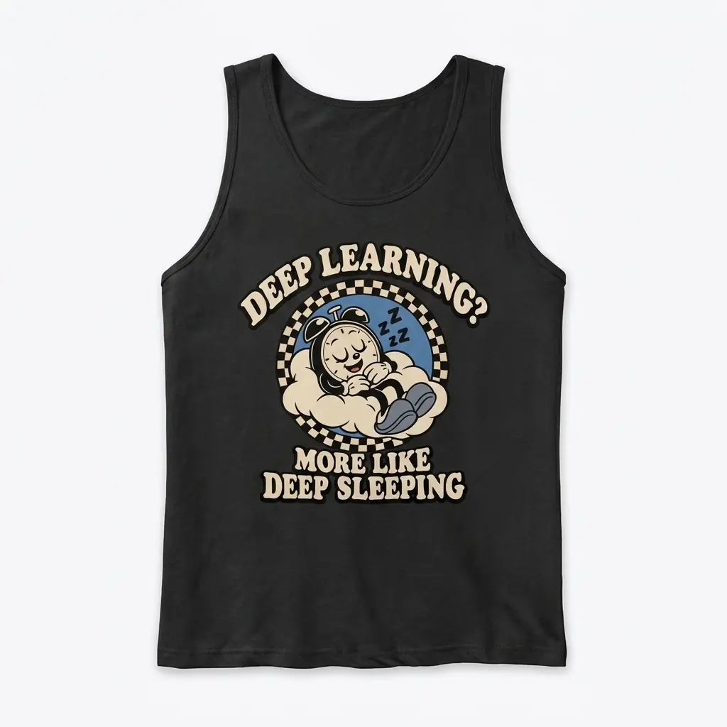 Sleeveless casual tank top with black tee front print reading DEEP LEARNING MORE LIKE DEEP SLEEPING with a retro cartoon clock sleeping on a cloud