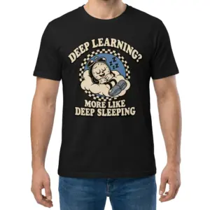 Deep Learning More Like Deep Sleeping Cartoon T-Shirt 9 Man wearing black graphic tee with black tee front print reading DEEP LEARNING MORE LIKE DEEP SLEEPING with a retro cartoon clock sleeping on a cloud
