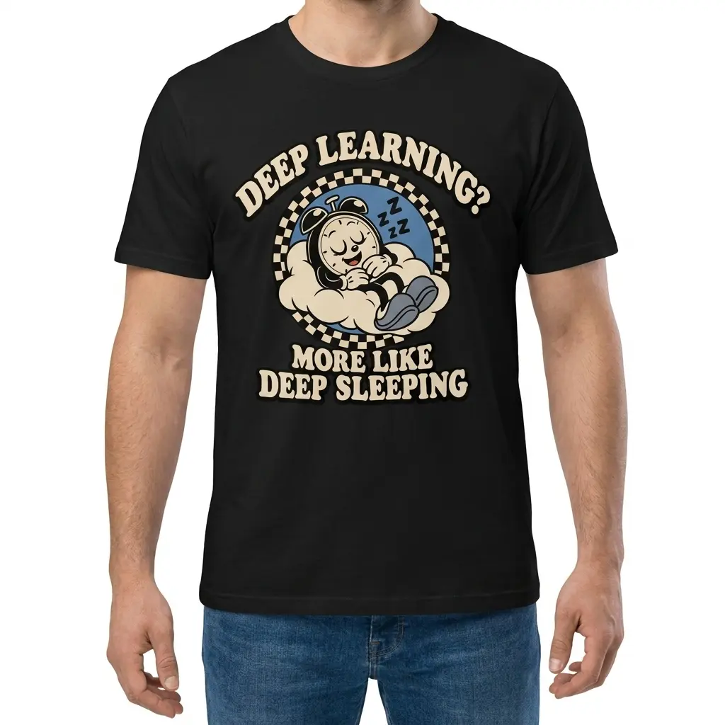 Man wearing black graphic tee with black tee front print reading DEEP LEARNING MORE LIKE DEEP SLEEPING with a retro cartoon clock sleeping on a cloud