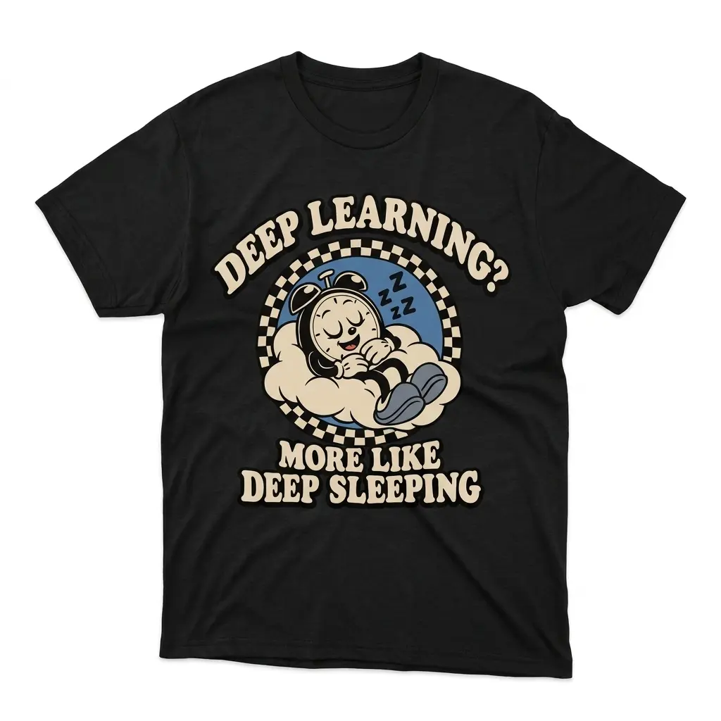 Flatlay black t-shirt featuring black tee front print reading DEEP LEARNING MORE LIKE DEEP SLEEPING with a retro cartoon clock sleeping on a cloud