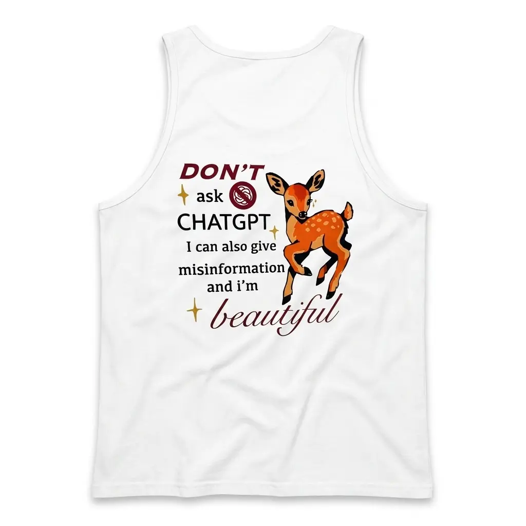 Sleeveless casual tank top with white tee back print reading DONT ask CHATGPT I can also give misinformation and im beautiful next to a cute spotted fawn