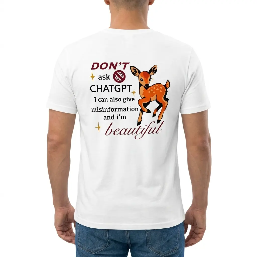 Man wearing white graphic tee with white tee back print reading DONT ask CHATGPT I can also give misinformation and im beautiful next to a cute spotted fawn