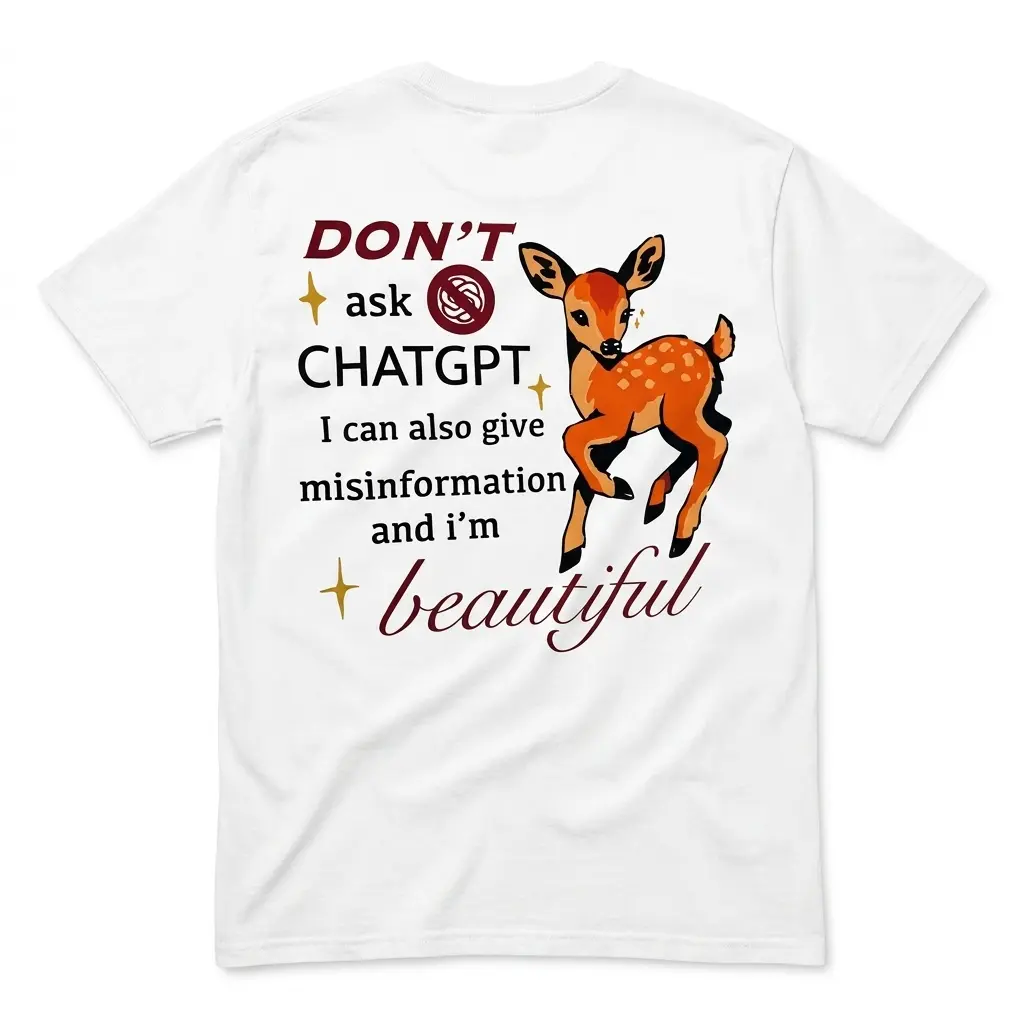 Flatlay white t-shirt featuring white tee back print reading DONT ask CHATGPT I can also give misinformation and im beautiful next to a cute spotted fawn