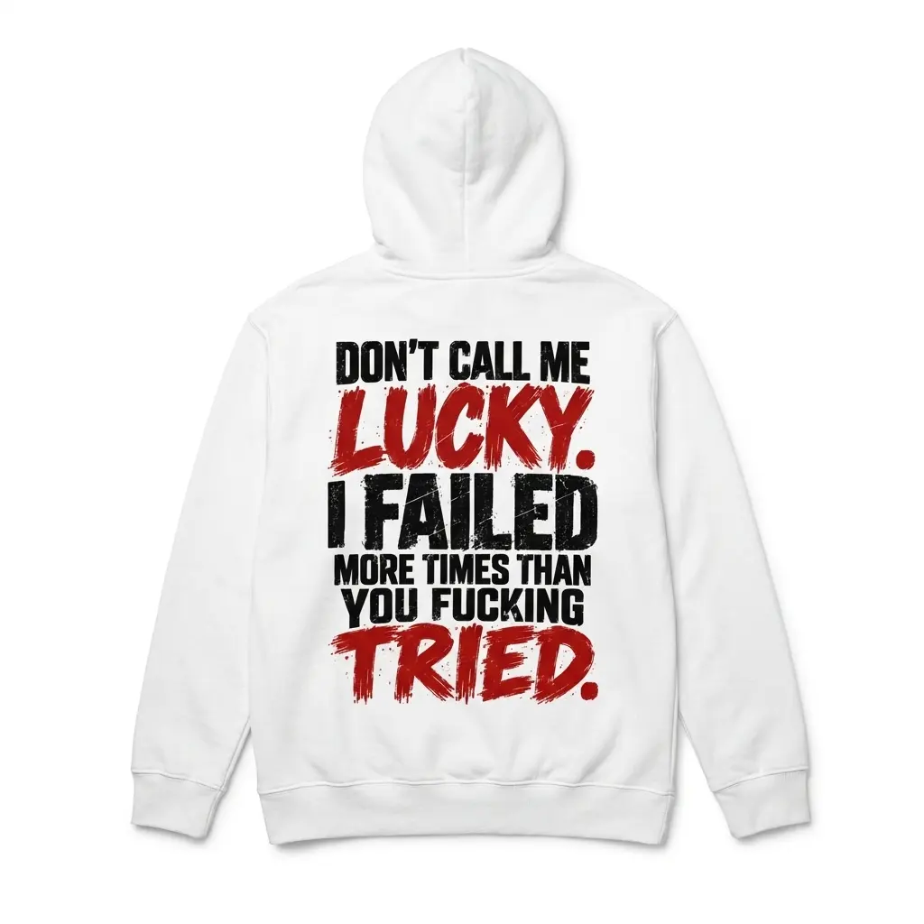 Cozy pullover hoodie displaying white tee back print reading DONT CALL ME LUCKY I FAILED MORE TIMES THAN YOU FUCKING TRIED in black and red