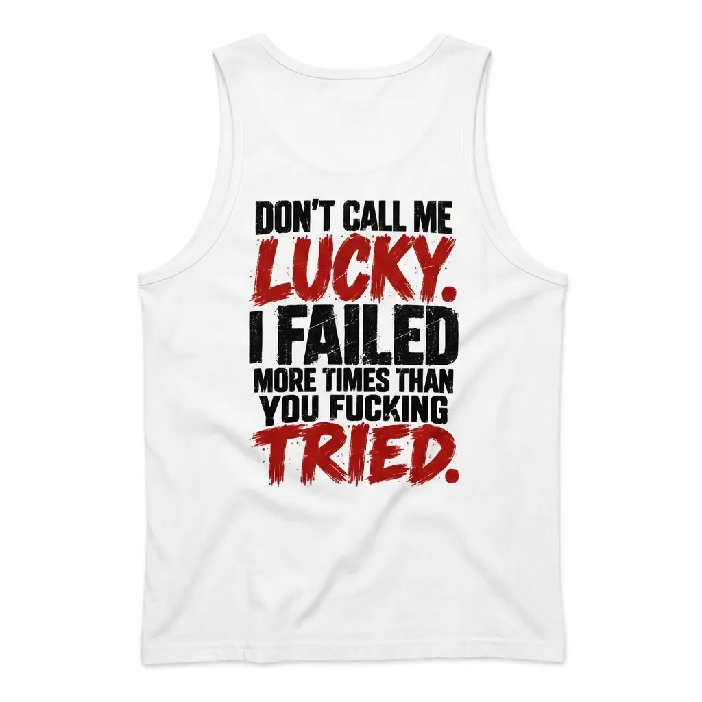 Sleeveless casual tank top with white tee back print reading DONT CALL ME LUCKY I FAILED MORE TIMES THAN YOU FUCKING TRIED in black and red