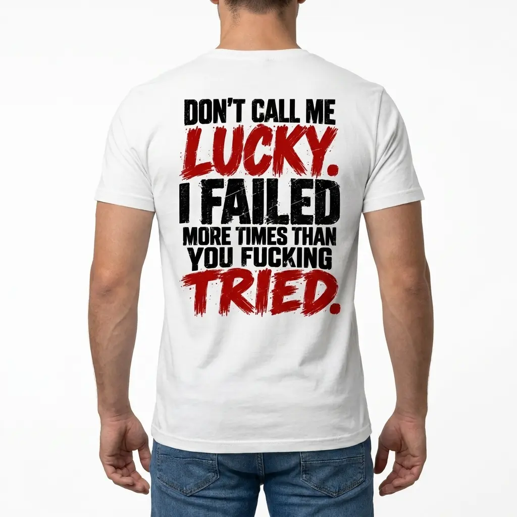 Man wearing white graphic tee with white tee back print reading DONT CALL ME LUCKY I FAILED MORE TIMES THAN YOU FUCKING TRIED in black and red