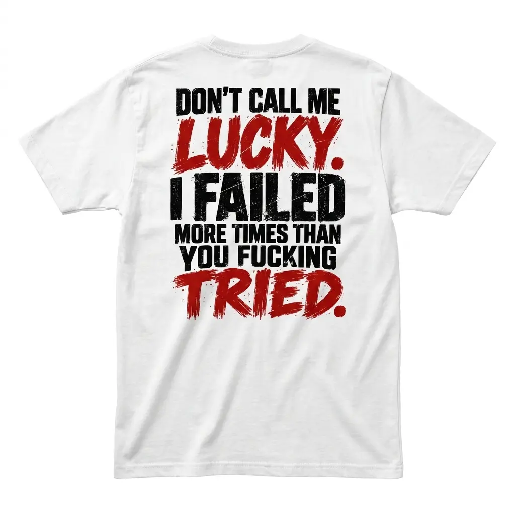 Flatlay white t-shirt featuring white tee back print reading DONT CALL ME LUCKY I FAILED MORE TIMES THAN YOU FUCKING TRIED in black and red