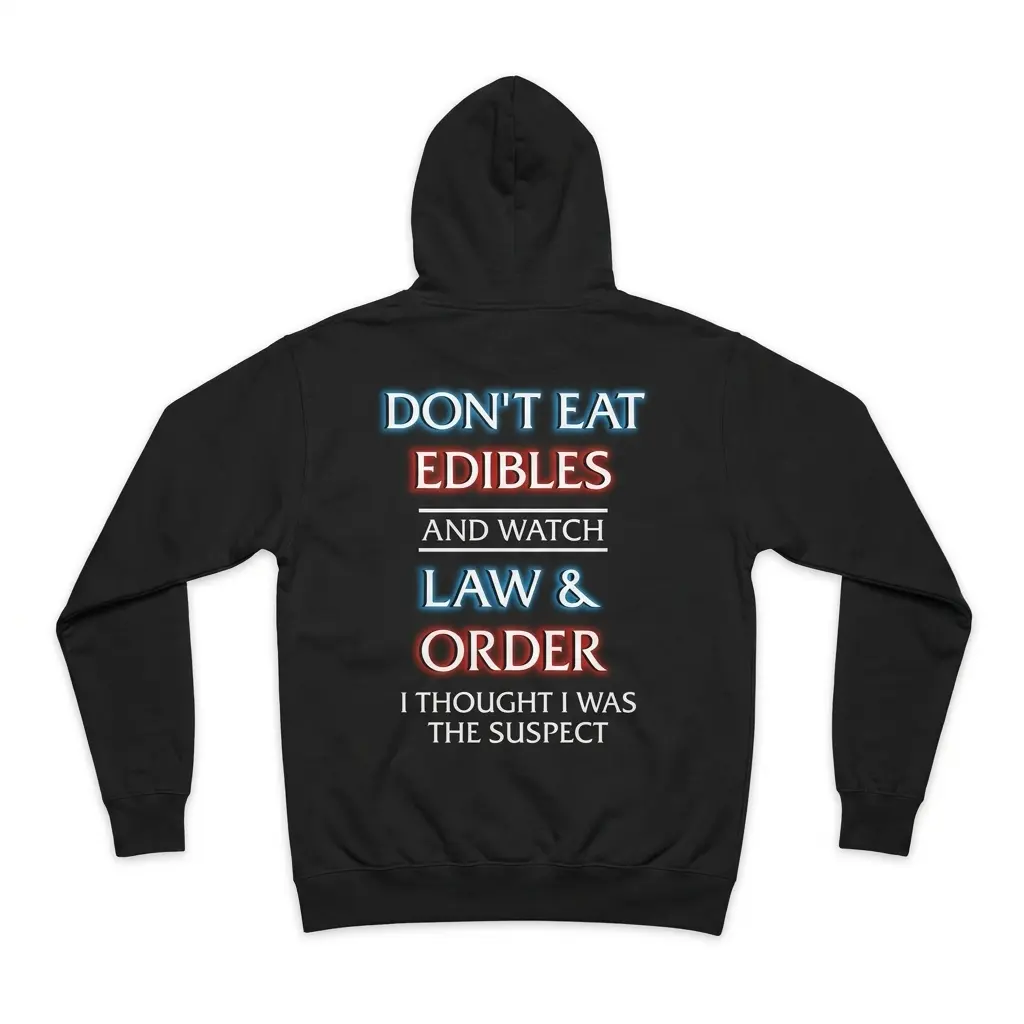 Dont Eat Edibles and Watch Law and Order Funny T-Shirt 2 Black hoodie shown flat from the back featuring the "DON'T EAT EDIBLES AND WATCH LAW & ORDER" design
