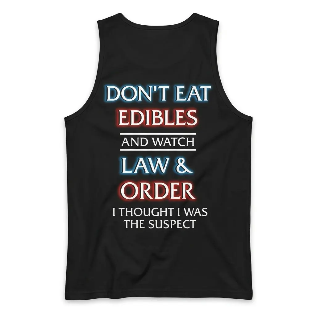 Dont Eat Edibles and Watch Law and Order Funny T-Shirt 3 Black tank top shown flat from the back with the "DON'T EAT EDIBLES AND WATCH LAW & ORDER" text design