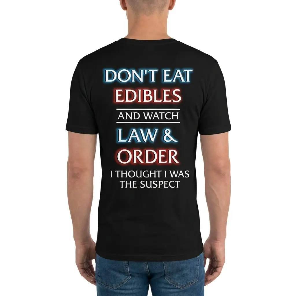 Dont Eat Edibles and Watch Law and Order Funny T-Shirt 4 Man wearing a black T-shirt shown from the back with the "DON'T EAT EDIBLES AND WATCH LAW & ORDER" design