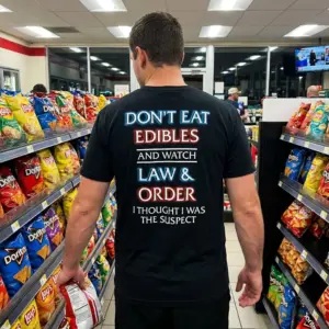Dont Eat Edibles and Watch Law and Order Funny T-Shirt 10 Black "DON'T EAT EDIBLES AND WATCH LAW & ORDER" shirt shown in a lifestyle setting