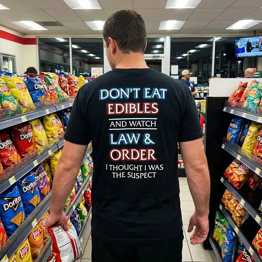 Dont Eat Edibles and Watch Law and Order Funny T-Shirt 5 Black "DON'T EAT EDIBLES AND WATCH LAW & ORDER" shirt shown in a lifestyle setting