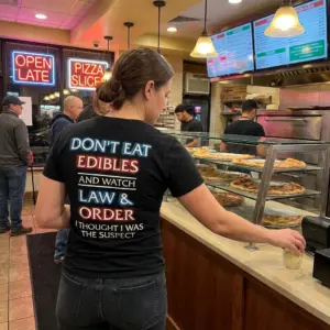 Dont Eat Edibles and Watch Law and Order Funny T-Shirt 11 Lifestyle view of the black shirt featuring the text "DON'T EAT EDIBLES AND WATCH LAW & ORDER I THOUGHT I WAS THE SUSPECT