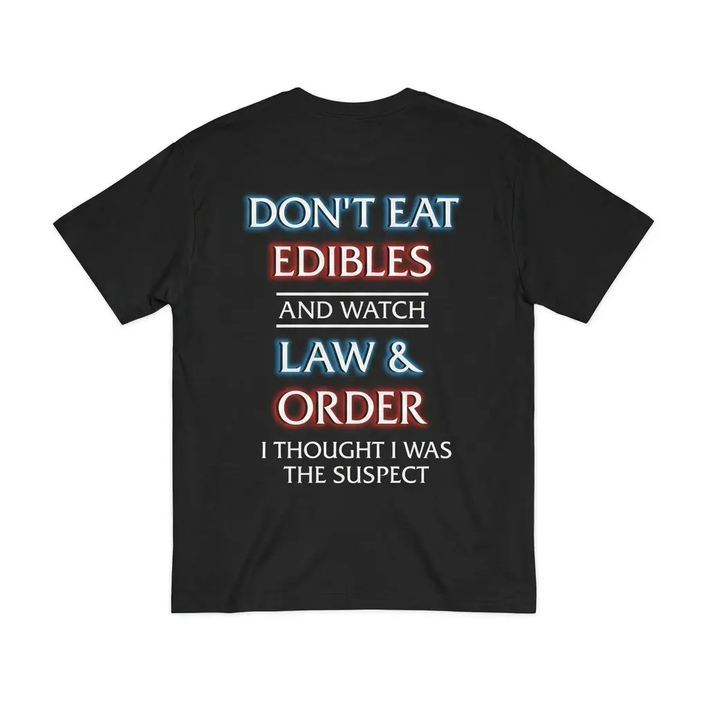 Dont Eat Edibles and Watch Law and Order Funny T-Shirt 1 Black T-shirt shown flat from the back with the text "DON'T EAT EDIBLES AND WATCH LAW & ORDER I THOUGHT I WAS THE SUSPECT