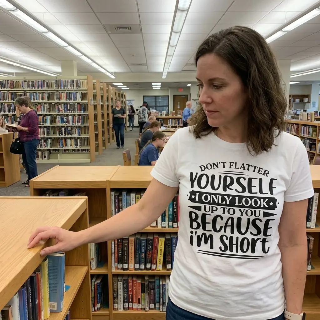 Casual lifestyle setting featuring the Don't Flatter Yourself I Only Look Up To You Because I'm Short humorous graphic shirt.