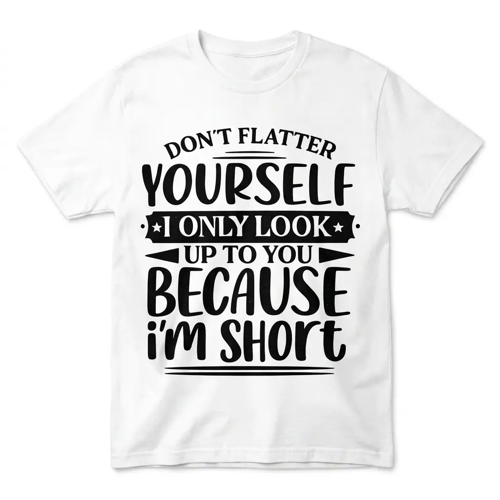 Flat lay of a white t-shirt featuring the quote Don't Flatter Yourself I Only Look Up To You Because I'm Short in black text.