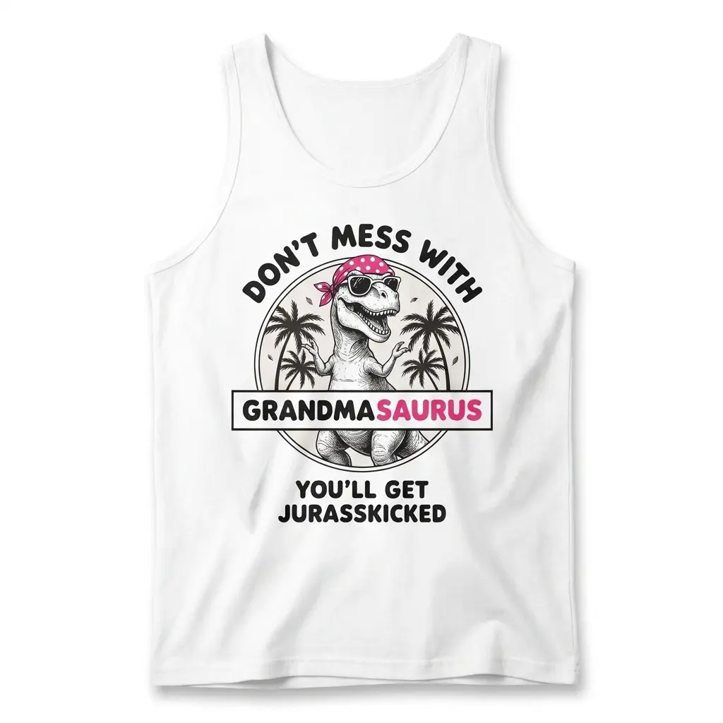 Sleeveless casual tank top with white tee front print reading DONT MESS WITH GRANDMASAURUS YOULL GET JURASSKICKED with a T-Rex wearing a pink bandana