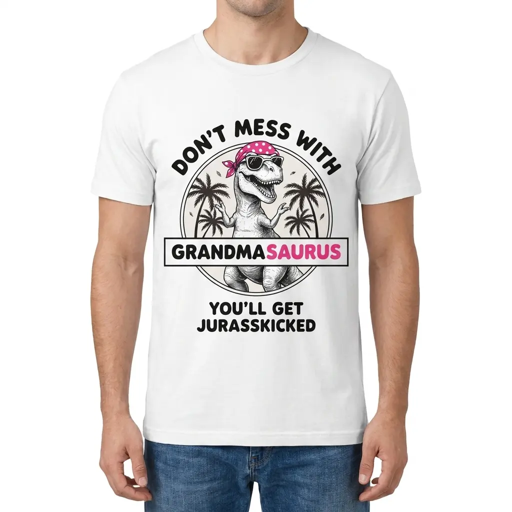 Man wearing white graphic tee with white tee front print reading DONT MESS WITH GRANDMASAURUS YOULL GET JURASSKICKED with a T-Rex wearing a pink bandana