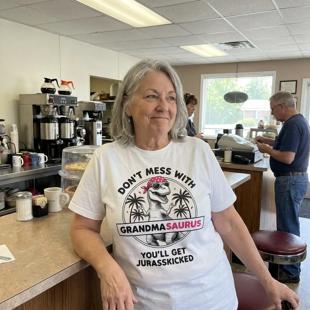 Everyday streetwear outfit styling white shirt with white tee front print reading DONT MESS WITH GRANDMASAURUS YOULL GET JURASSKICKED with a T-Rex wearing