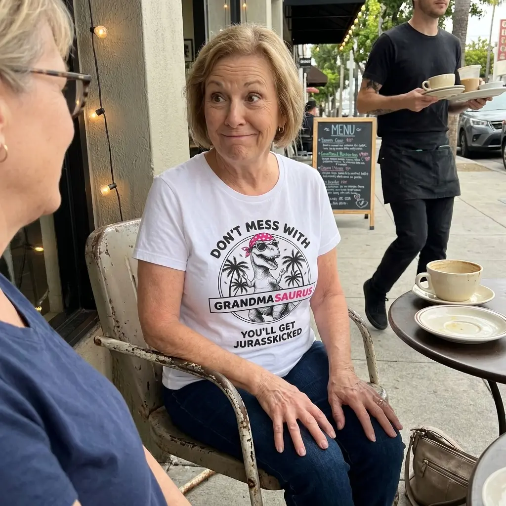 Close-up casual look showcasing white tee and white tee front print reading DONT MESS WITH GRANDMASAURUS YOULL GET JURASSKICKED with a T-Rex wearing a