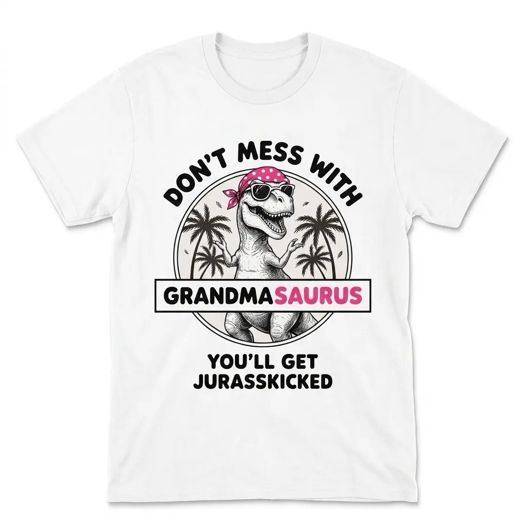 Flatlay white t-shirt featuring white tee front print reading DONT MESS WITH GRANDMASAURUS YOULL GET JURASSKICKED with a T-Rex wearing a pink bandana