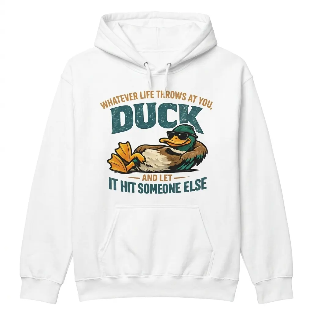 Duck and Let It Hit Someone Else Sarcastic T-Shirt 2 Front flat lay of a hoodie featuring a lounging mallard duck graphic with funny text 'Whatever life throws at you, duck and let it hit someone else'.