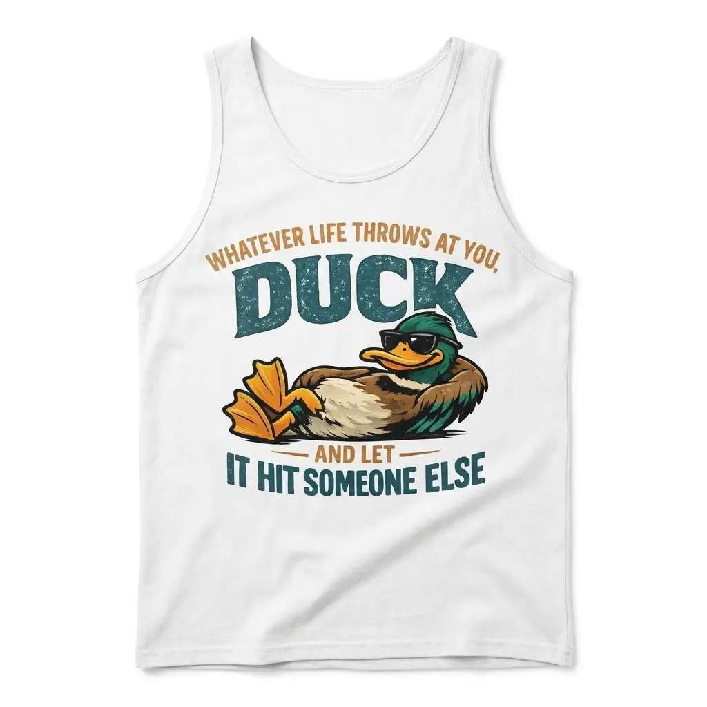 Duck and Let It Hit Someone Else Sarcastic T-Shirt 3 Front view flat lay of a tank top printed with a cool duck in sunglasses and the sarcastic saying 'Duck and let it hit someone else'.