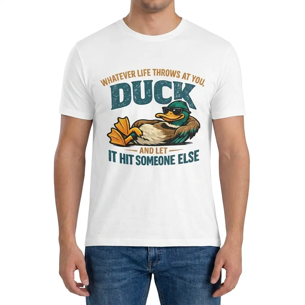 Duck and Let It Hit Someone Else Sarcastic T-Shirt 4 Front view of a man wearing the sarcastic duck graphic shirt with text 'Whatever life throws at you, duck and let it hit someone else'.