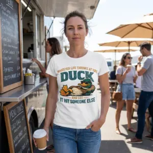 Duck and Let It Hit Someone Else Sarcastic T-Shirt 11 Casual lifestyle view displaying the humorous duck t-shirt design with sunglasses-wearing duck graphic.