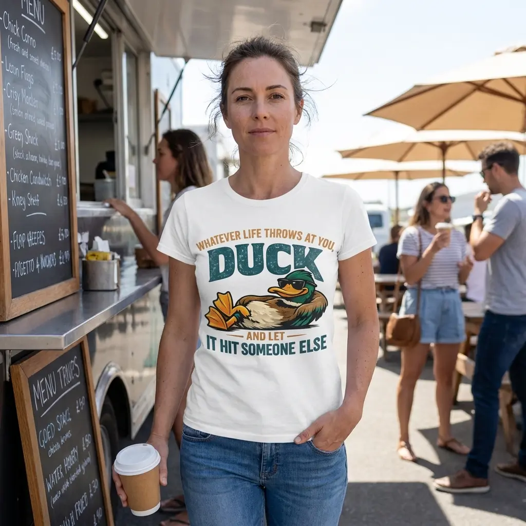 Duck and Let It Hit Someone Else Sarcastic T-Shirt 6 Casual lifestyle view displaying the humorous duck t-shirt design with sunglasses-wearing duck graphic.