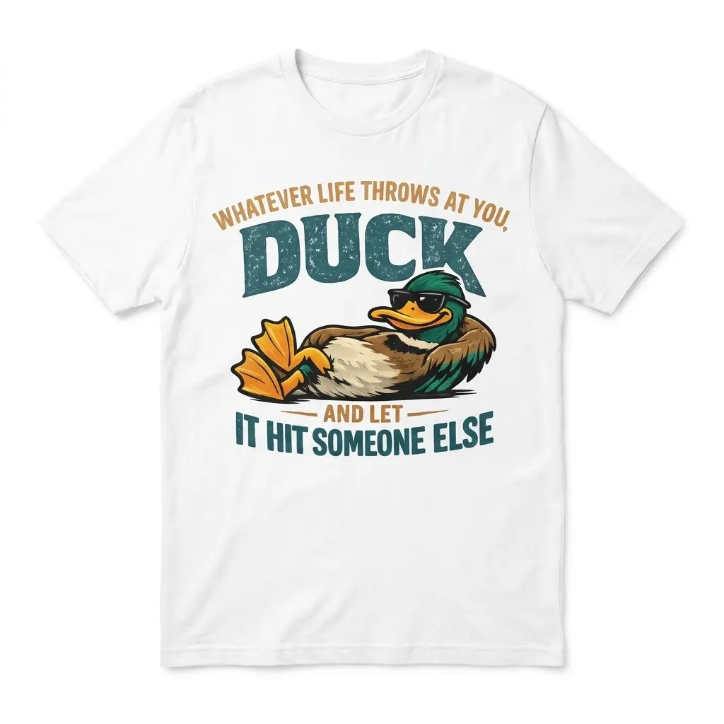 Duck and Let It Hit Someone Else Sarcastic T-Shirt 1 Flat lay front view of a white t-shirt with a relaxing duck wearing sunglasses and the quote 'Whatever life throws at you, duck and let it hit someone else'.